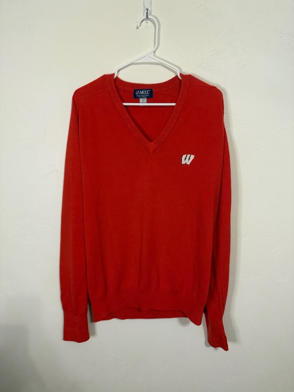 LAMODE Red V-Neck Sweater with White 'W' Chest Emblem